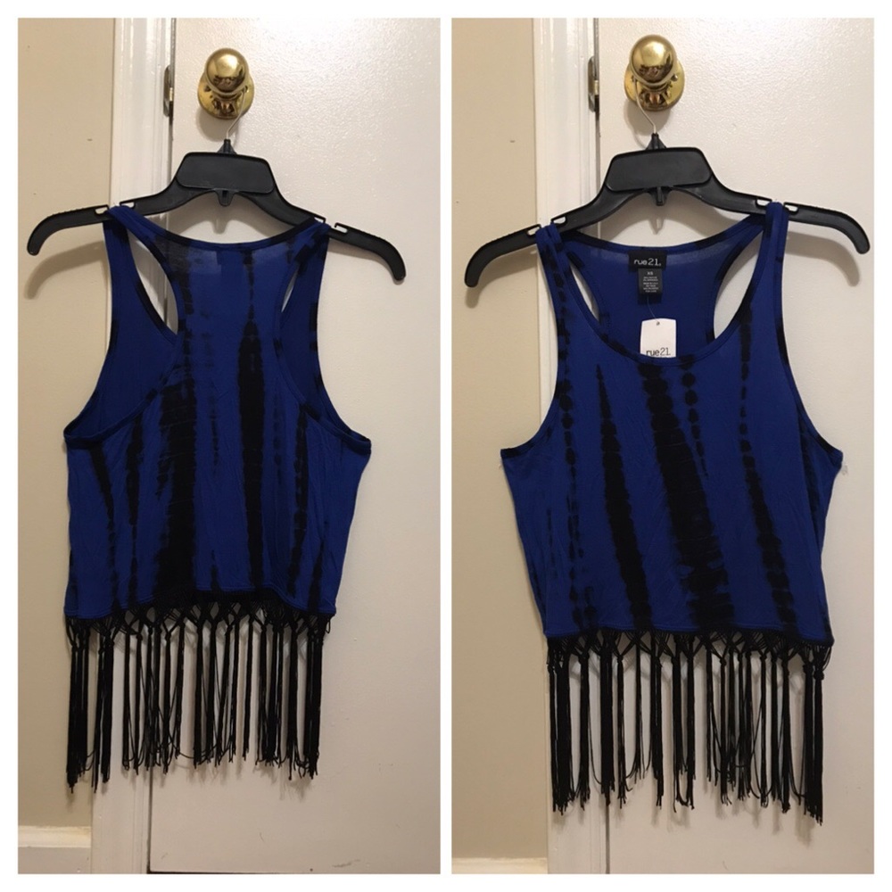 NWT Fringe Trim Crop Tank Blue & Black XS